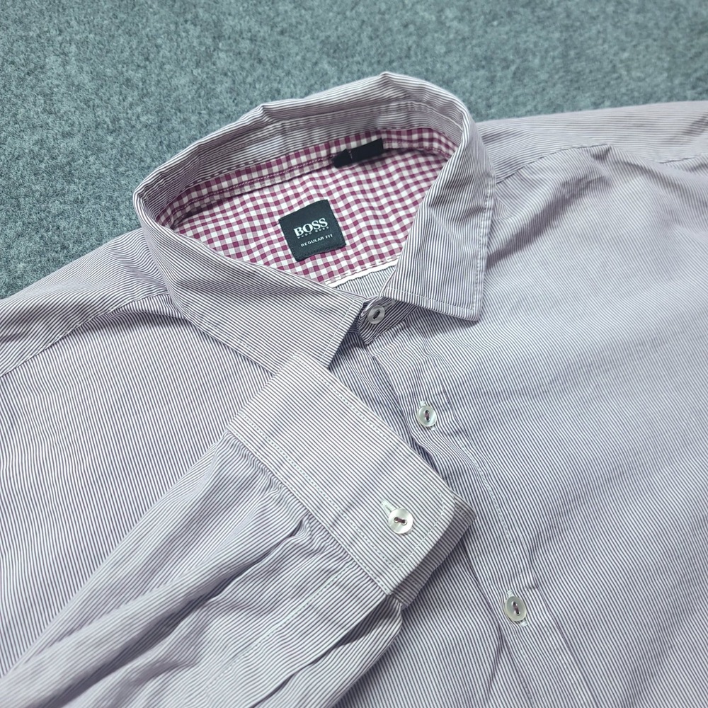 Hugo Boss Regular Fit Shirt Mens 2XL Purple White Micro Stripe Long Sleeve